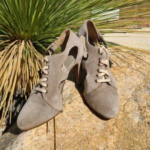 J. Crew Tan Suede Buckle Laced Heels, Size 5.5